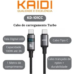 CABO CARREGADOR TIPO C TELA DIGITAL LED KD-101CC KAIDI