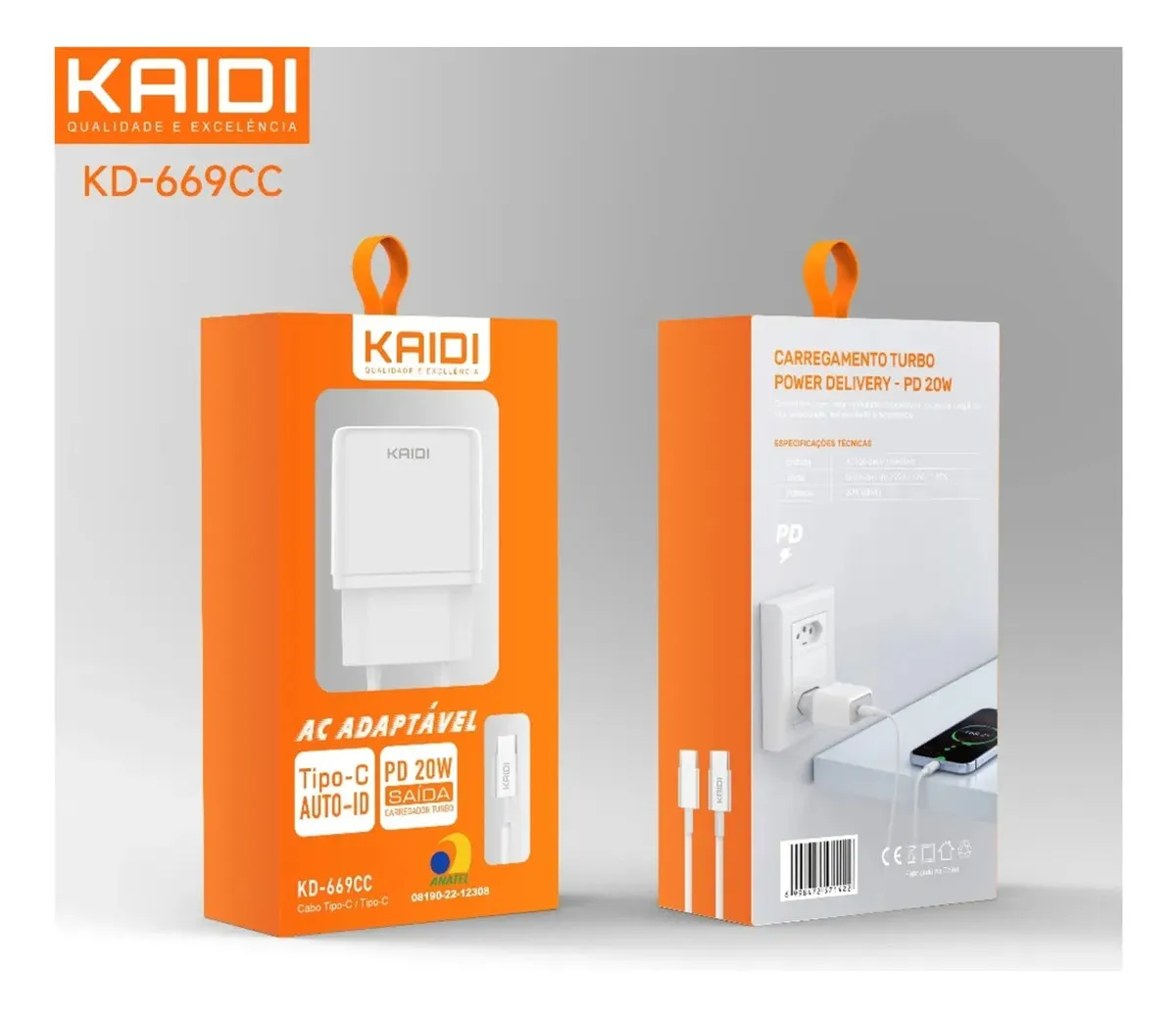 PLUG CARREGADOR 20W TIPO C KD-669 KAIDI